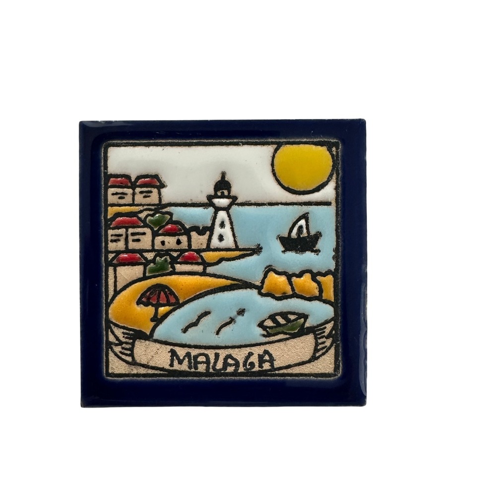 Malaga Spain Ceramic MAGNET Art Tile Souvenir Lighthouse Seascape Coaster 2x2